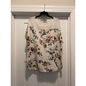 Lungo Larno Made in Italy Tan Floral Linen Cotton Cap Sleeve Top Shirt Size 1X